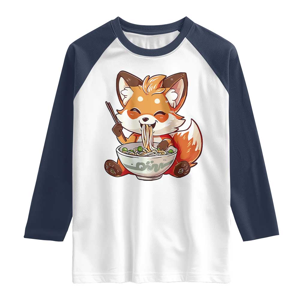 Kawaii Fox Ramen Japanese Raglan Shirt Japanese Anime Otaku Manga Cute Graphic TS02 White Navy Print Your Wear