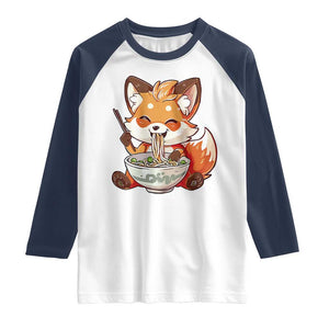 Kawaii Fox Ramen Japanese Raglan Shirt Japanese Anime Otaku Manga Cute Graphic TS02 White Navy Print Your Wear
