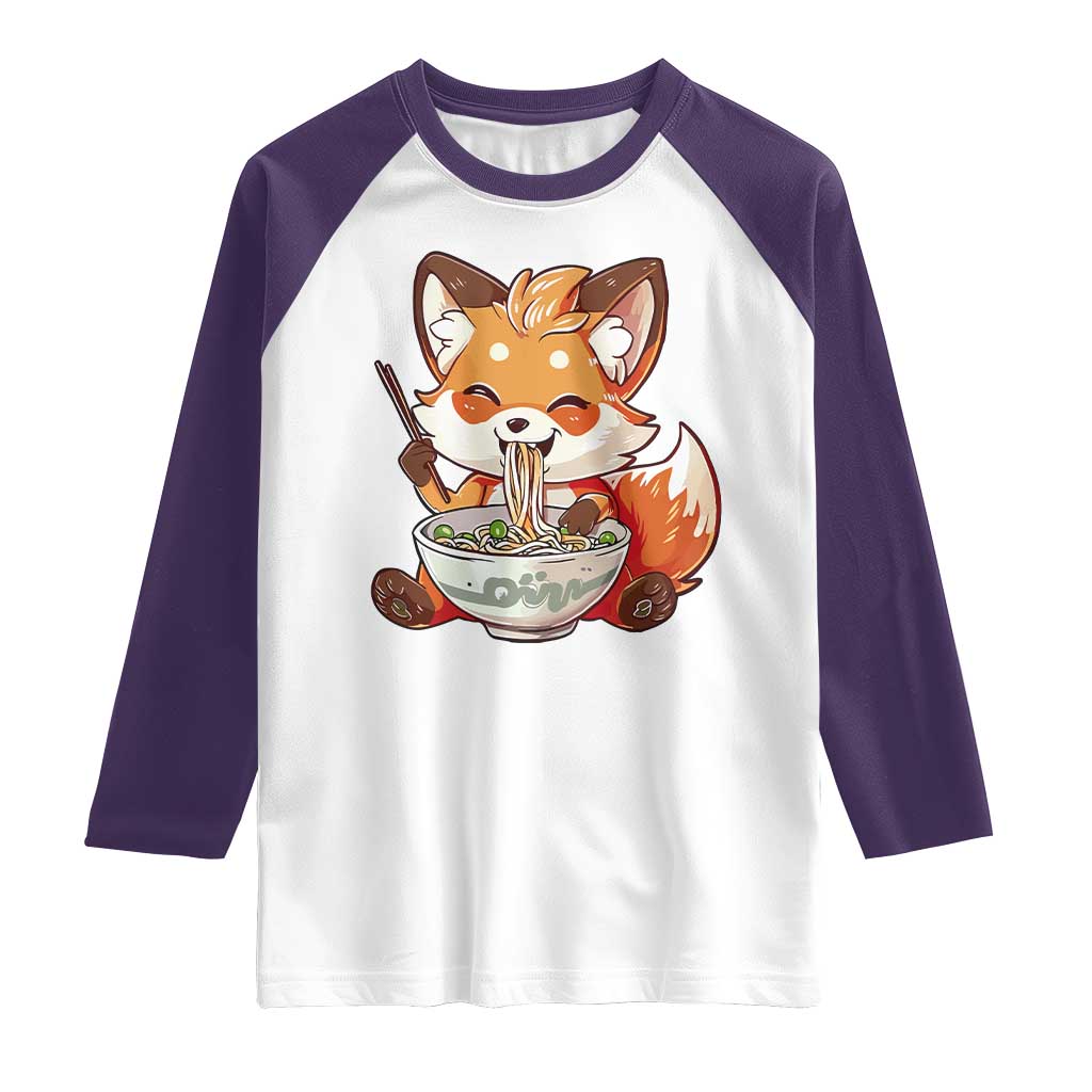 Kawaii Fox Ramen Japanese Raglan Shirt Japanese Anime Otaku Manga Cute Graphic TS02 White Purple Print Your Wear