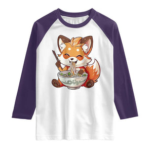 Kawaii Fox Ramen Japanese Raglan Shirt Japanese Anime Otaku Manga Cute Graphic TS02 White Purple Print Your Wear