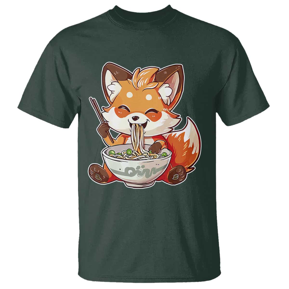 Kawaii Fox Ramen Japanese T Shirt Japanese Anime Otaku Manga Cute Graphic TS02 Dark Forest Green Print Your Wear