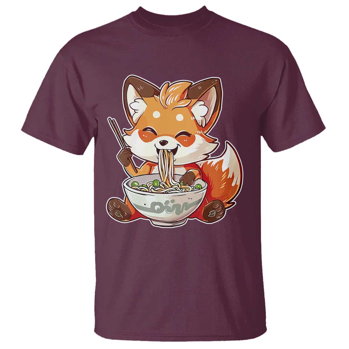 Kawaii Fox Ramen Japanese T Shirt Japanese Anime Otaku Manga Cute Graphic TS02 Maroon Print Your Wear