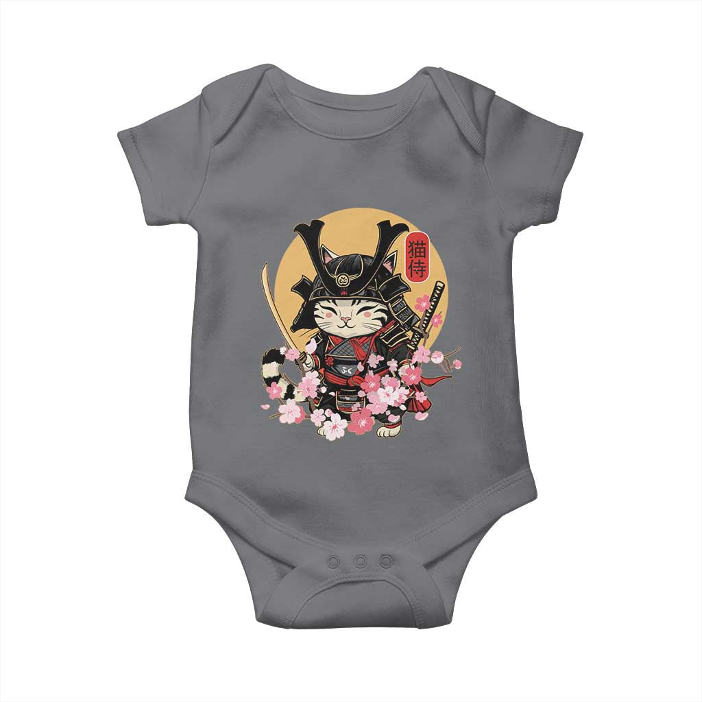 Japanese Samurai Cat Baby Onesie Ancient Ninja Kitten Warrior Tattoo Kawaii Otaku Retro TS02 Charcoal Print Your Wear
