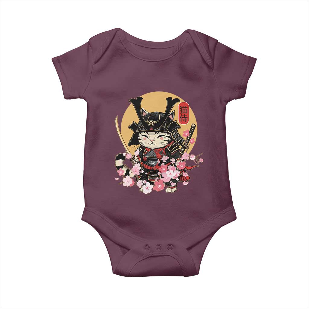 Japanese Samurai Cat Baby Onesie Ancient Ninja Kitten Warrior Tattoo Kawaii Otaku Retro TS02 Maroon Print Your Wear