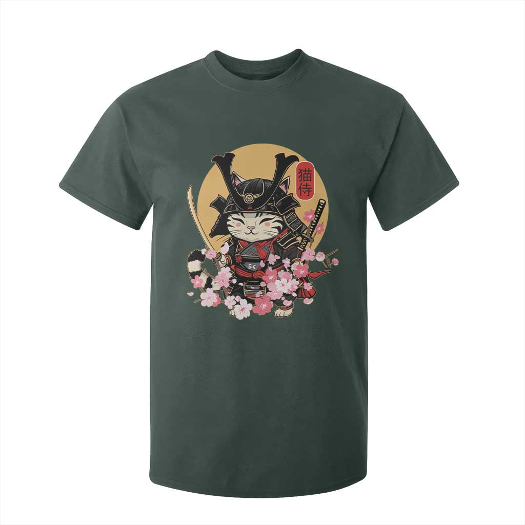 Japanese Samurai Cat T Shirt For Kid Ancient Ninja Kitten Warrior Tattoo Kawaii Otaku Retro TS02 Dark Forest Green Print Your Wear
