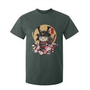 Japanese Samurai Cat T Shirt For Kid Ancient Ninja Kitten Warrior Tattoo Kawaii Otaku Retro TS02 Dark Forest Green Print Your Wear
