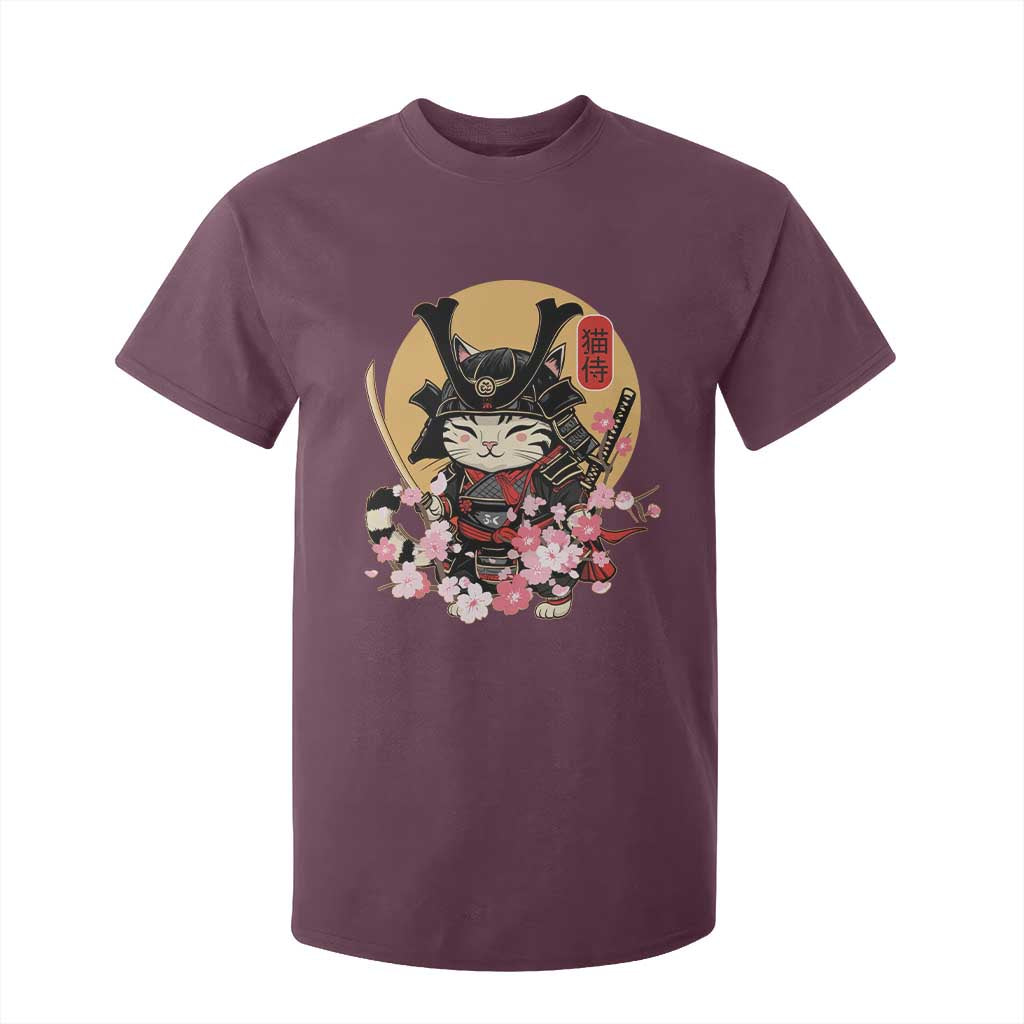 Japanese Samurai Cat T Shirt For Kid Ancient Ninja Kitten Warrior Tattoo Kawaii Otaku Retro TS02 Maroon Print Your Wear