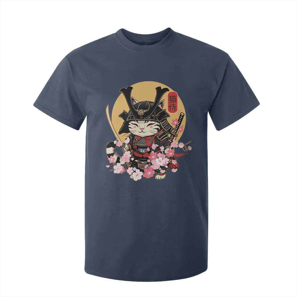 Japanese Samurai Cat T Shirt For Kid Ancient Ninja Kitten Warrior Tattoo Kawaii Otaku Retro TS02 Navy Print Your Wear