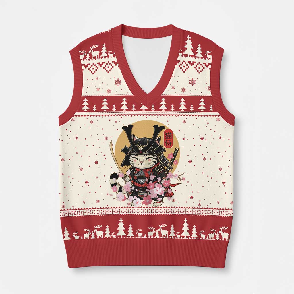 Japanese Samurai Cat V-Neck Knit Sweater Vest Ancient Ninja Kitten Warrior Tattoo Kawaii Otaku Retro TS02 Beige Red Print Your Wear