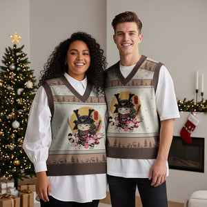Japanese Samurai Cat V-Neck Knit Sweater Vest Ancient Ninja Kitten Warrior Tattoo Kawaii Otaku Retro TS02 Mocha Mousse Print Your Wear