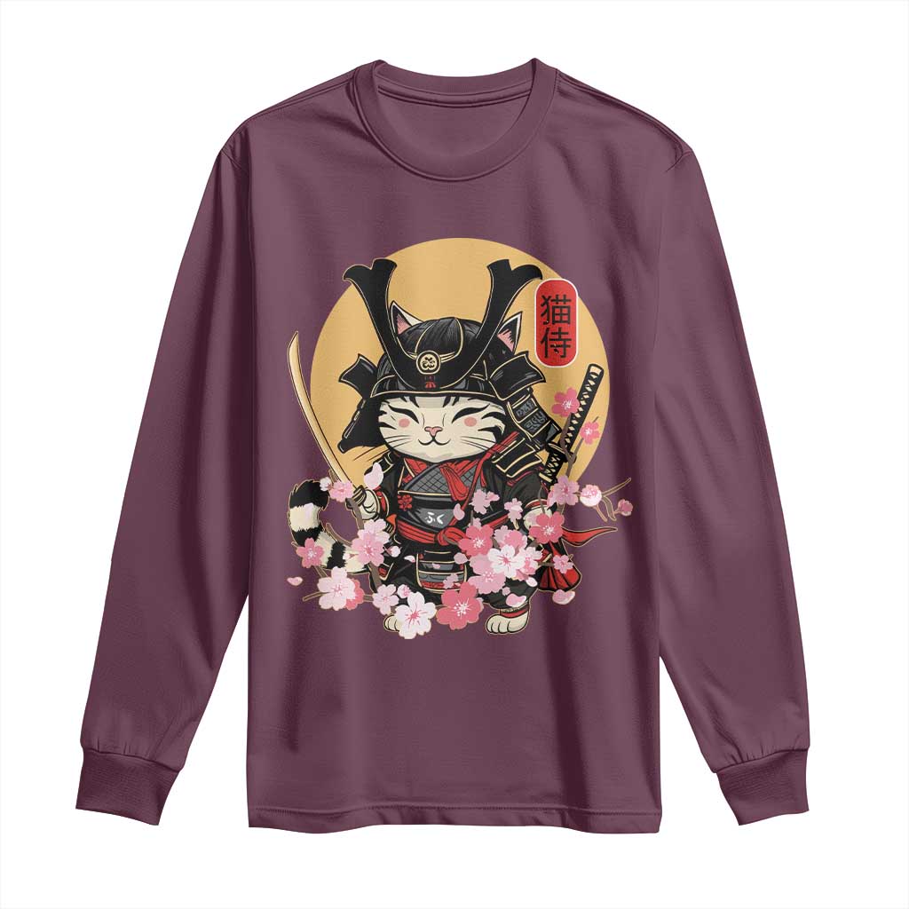 Japanese Samurai Cat Long Sleeve Shirt Ancient Ninja Kitten Warrior Tattoo Kawaii Otaku Retro TS02 Maroon Print Your Wear