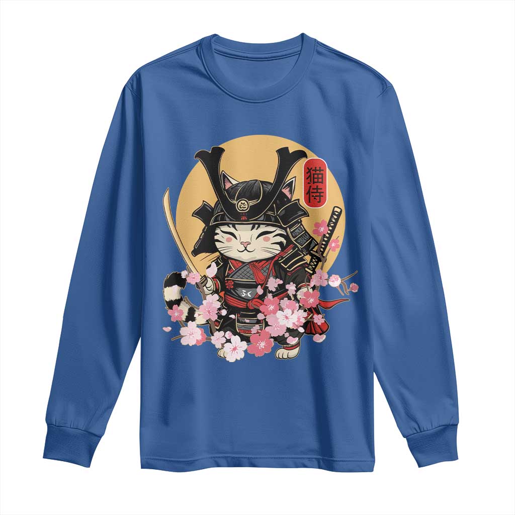 Japanese Samurai Cat Long Sleeve Shirt Ancient Ninja Kitten Warrior Tattoo Kawaii Otaku Retro TS02 Royal Blue Print Your Wear