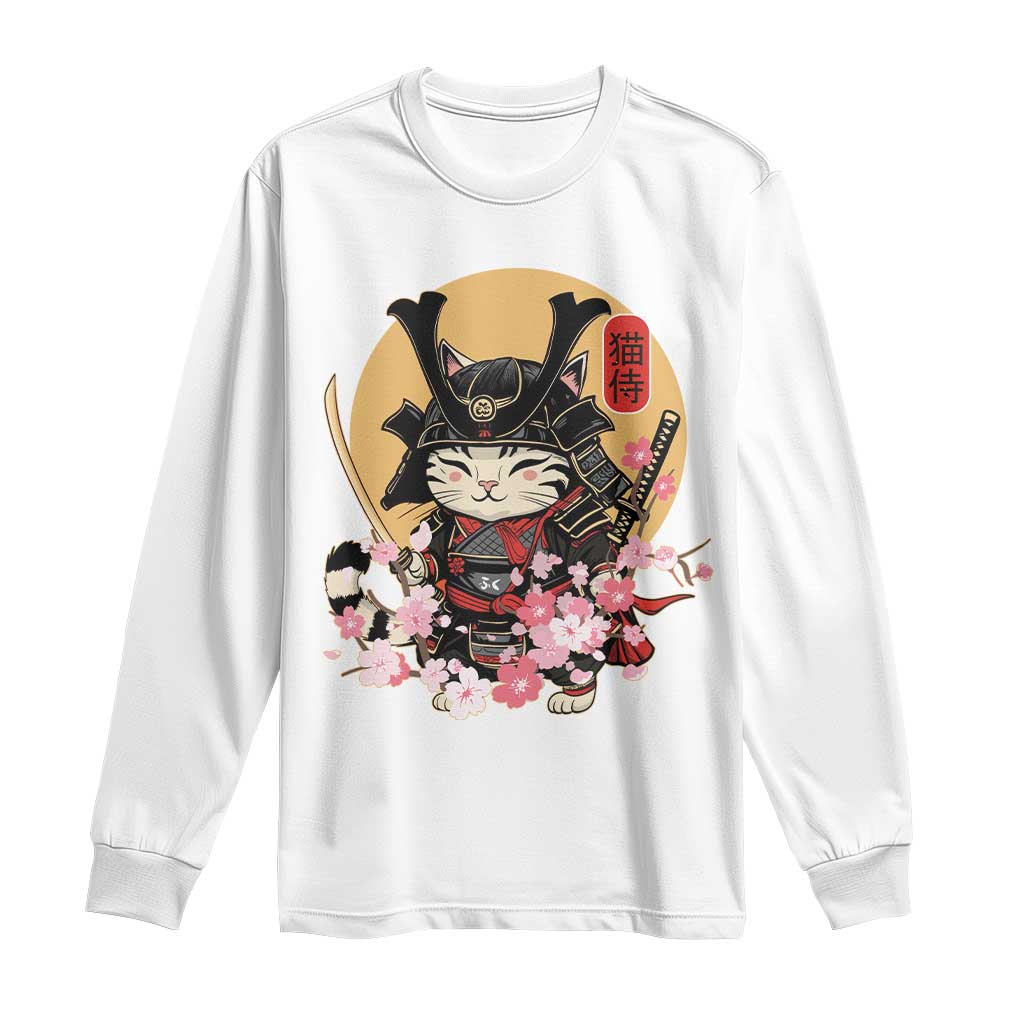 Japanese Samurai Cat Long Sleeve Shirt Ancient Ninja Kitten Warrior Tattoo Kawaii Otaku Retro TS02 White Print Your Wear