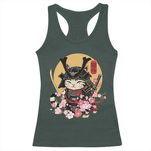 Japanese Samurai Cat Racerback Tank Top Ancient Ninja Kitten Warrior Tattoo Kawaii Otaku Retro TS02 Dark Forest Green Print Your Wear