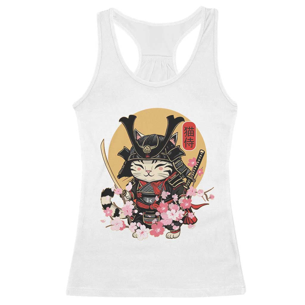 Japanese Samurai Cat Racerback Tank Top Ancient Ninja Kitten Warrior Tattoo Kawaii Otaku Retro TS02 White Print Your Wear