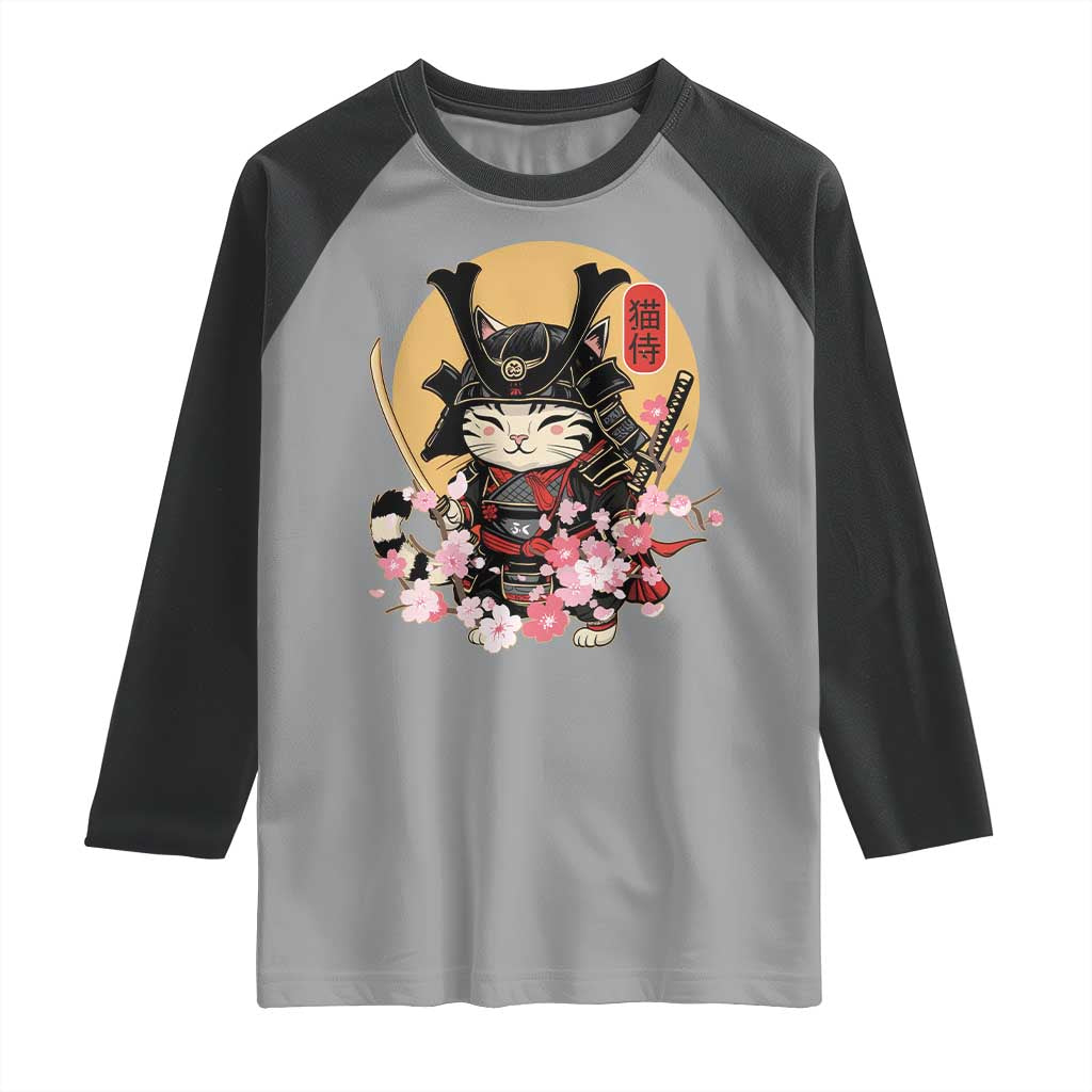 Japanese Samurai Cat Raglan Shirt Ancient Ninja Kitten Warrior Tattoo Kawaii Otaku Retro TS02 Sport Gray Black Print Your Wear