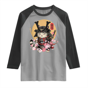 Japanese Samurai Cat Raglan Shirt Ancient Ninja Kitten Warrior Tattoo Kawaii Otaku Retro TS02 Sport Gray Black Print Your Wear