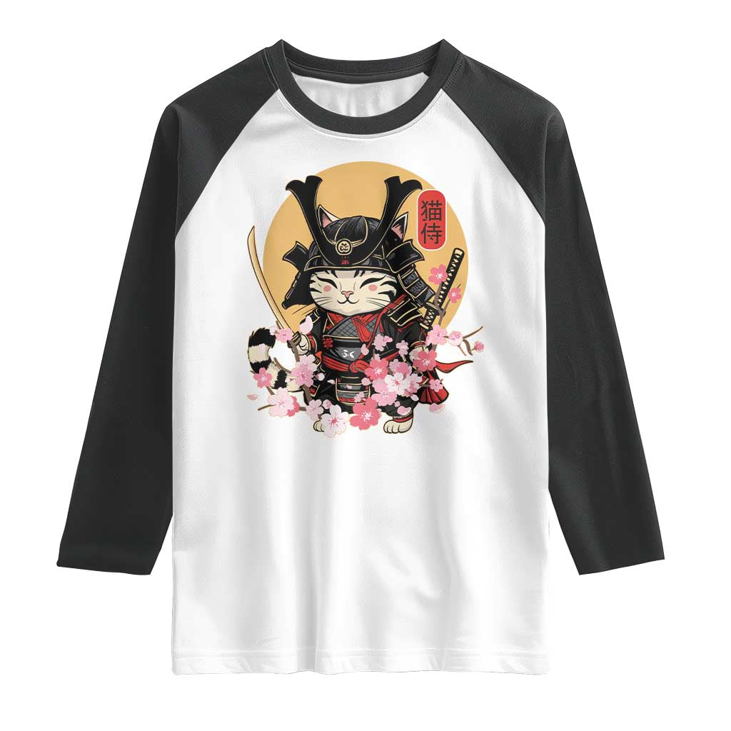 Japanese Samurai Cat Raglan Shirt Ancient Ninja Kitten Warrior Tattoo Kawaii Otaku Retro TS02 White Black Print Your Wear