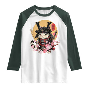 Japanese Samurai Cat Raglan Shirt Ancient Ninja Kitten Warrior Tattoo Kawaii Otaku Retro TS02 White Dark Forest Green Print Your Wear