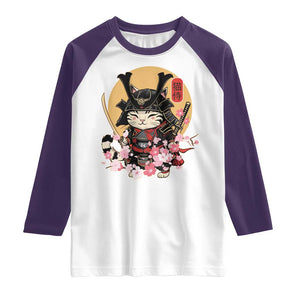 Japanese Samurai Cat Raglan Shirt Ancient Ninja Kitten Warrior Tattoo Kawaii Otaku Retro TS02 White Purple Print Your Wear