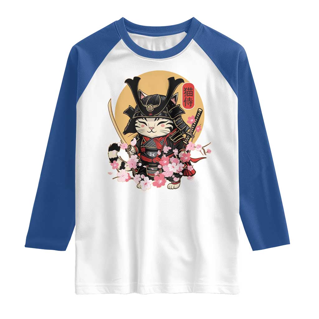 Japanese Samurai Cat Raglan Shirt Ancient Ninja Kitten Warrior Tattoo Kawaii Otaku Retro TS02 White Royal Print Your Wear