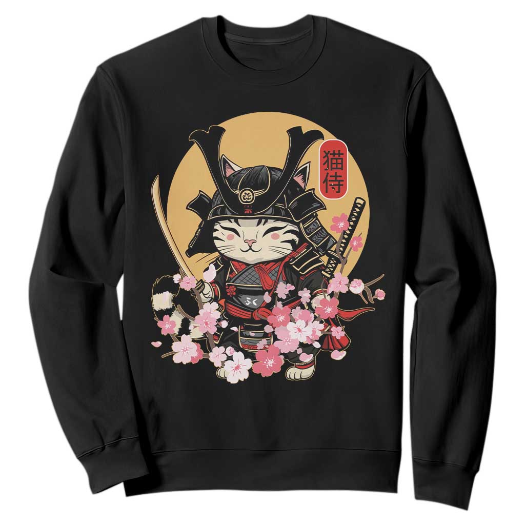 Japanese Samurai Cat Sweatshirt Ancient Ninja Kitten Warrior Tattoo Kawaii Otaku Retro TS02 Black Print Your Wear