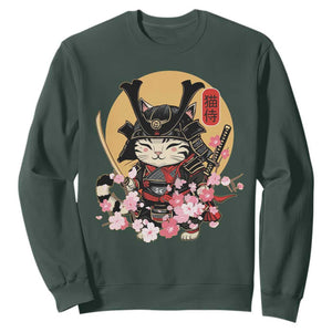 Japanese Samurai Cat Sweatshirt Ancient Ninja Kitten Warrior Tattoo Kawaii Otaku Retro TS02 Dark Forest Green Print Your Wear