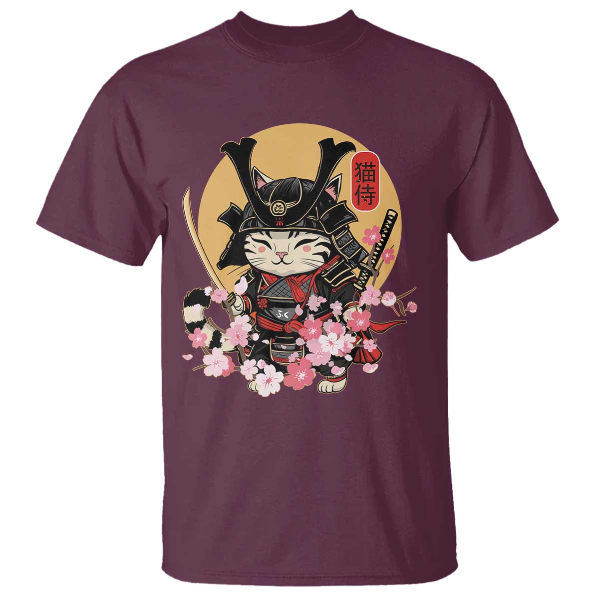 Japanese Samurai Cat T Shirt Ancient Ninja Kitten Warrior Tattoo Kawaii Otaku Retro TS02 Maroon Print Your Wear