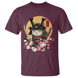 Japanese Samurai Cat T Shirt Ancient Ninja Kitten Warrior Tattoo Kawaii Otaku Retro TS02 Maroon Print Your Wear