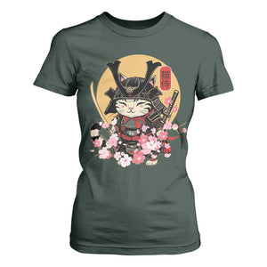 Japanese Samurai Cat T Shirt For Women Ancient Ninja Kitten Warrior Tattoo Kawaii Otaku Retro TS02 Dark Forest Green Print Your Wear