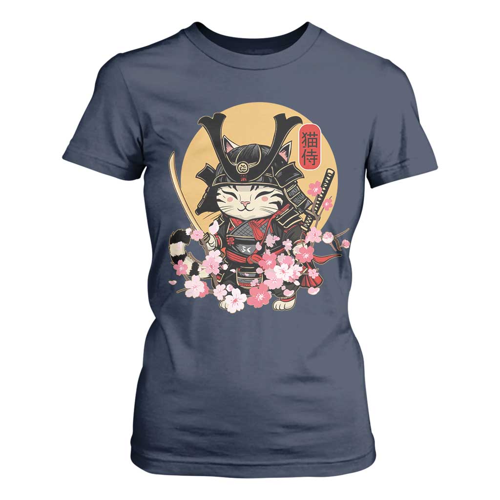 Japanese Samurai Cat T Shirt For Women Ancient Ninja Kitten Warrior Tattoo Kawaii Otaku Retro TS02 Navy Print Your Wear