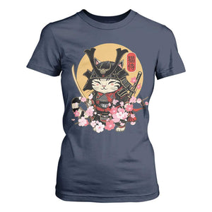Japanese Samurai Cat T Shirt For Women Ancient Ninja Kitten Warrior Tattoo Kawaii Otaku Retro TS02 Navy Print Your Wear
