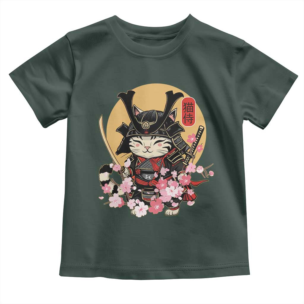 Japanese Samurai Cat Toddler T Shirt Ancient Ninja Kitten Warrior Tattoo Kawaii Otaku Retro TS02 Dark Forest Green Print Your Wear