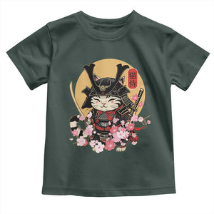 Japanese Samurai Cat Toddler T Shirt Ancient Ninja Kitten Warrior Tattoo Kawaii Otaku Retro TS02 Dark Forest Green Print Your Wear