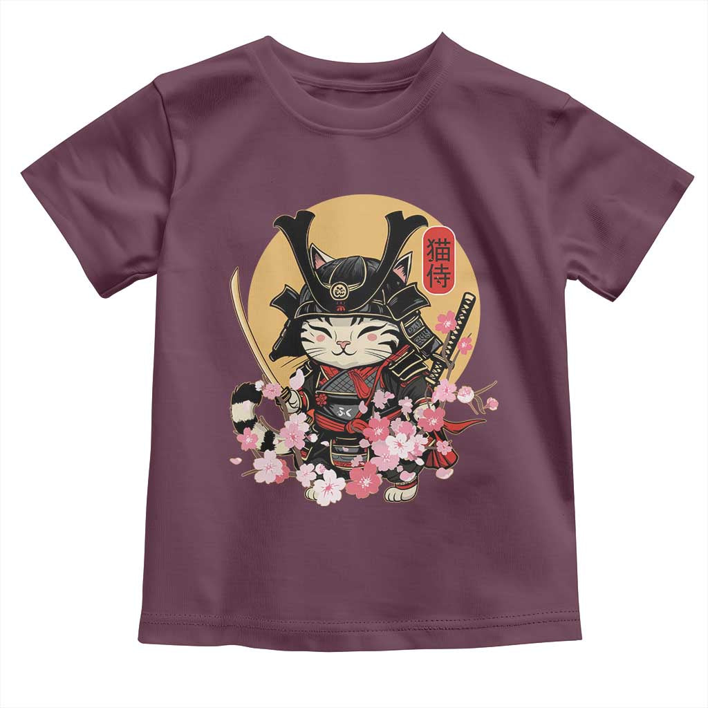 Japanese Samurai Cat Toddler T Shirt Ancient Ninja Kitten Warrior Tattoo Kawaii Otaku Retro TS02 Maroon Print Your Wear