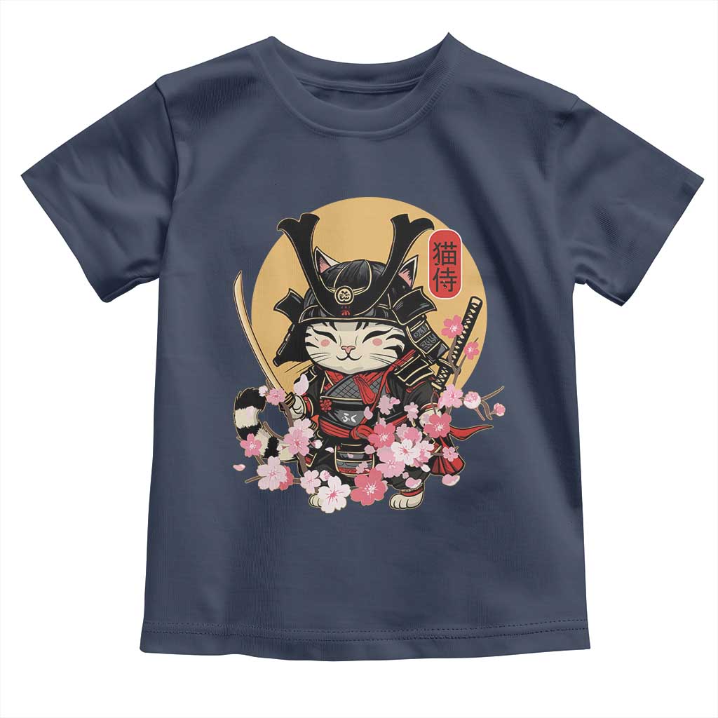 Japanese Samurai Cat Toddler T Shirt Ancient Ninja Kitten Warrior Tattoo Kawaii Otaku Retro TS02 Navy Print Your Wear