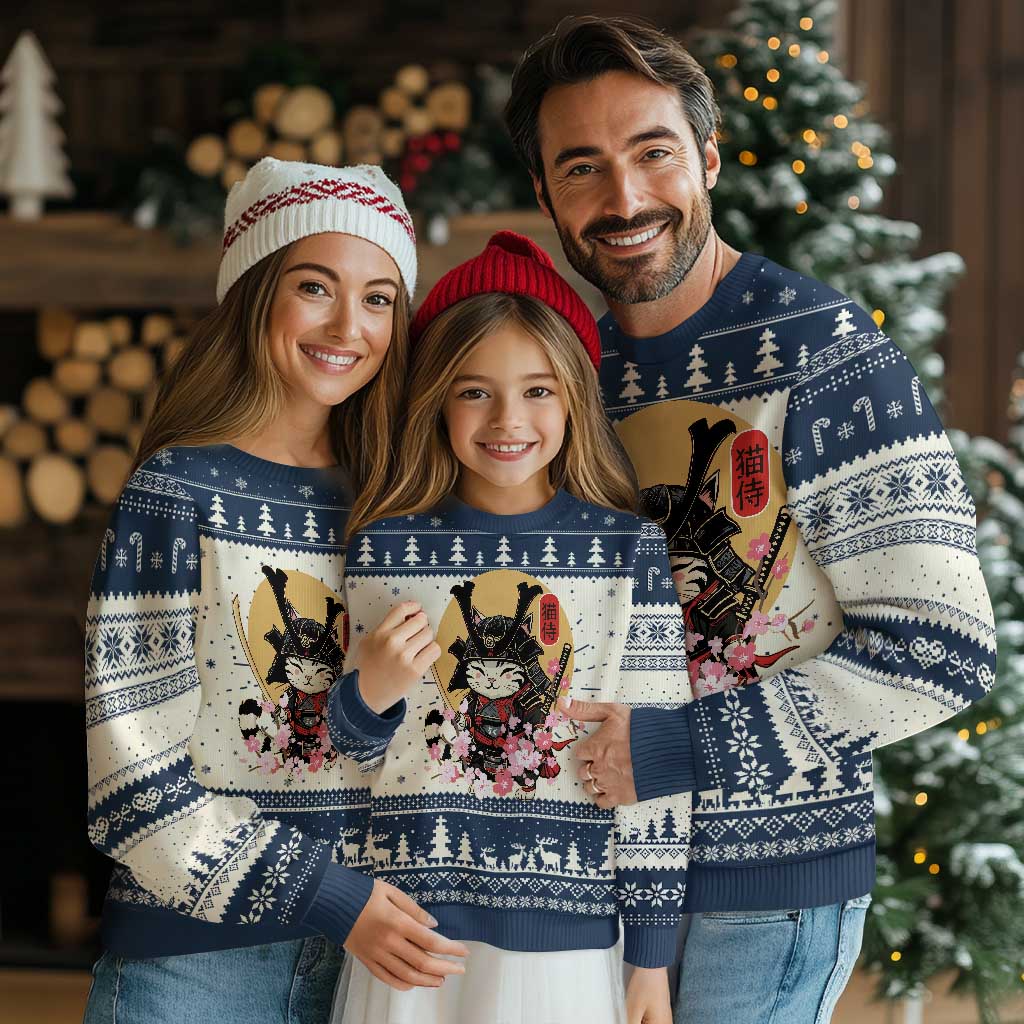 Japanese Samurai Cat Ugly Christmas Sweater Ancient Ninja Kitten Warrior Tattoo Kawaii Otaku Retro TS02 Navy Print Your Wear