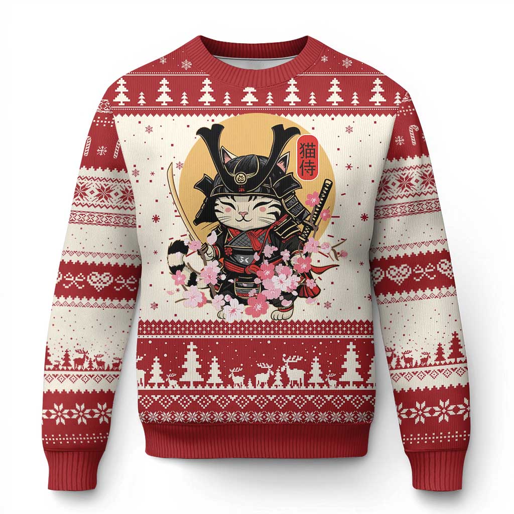 Japanese Samurai Cat Ugly Christmas Sweater Ancient Ninja Kitten Warrior Tattoo Kawaii Otaku Retro TS02 Red Print Your Wear