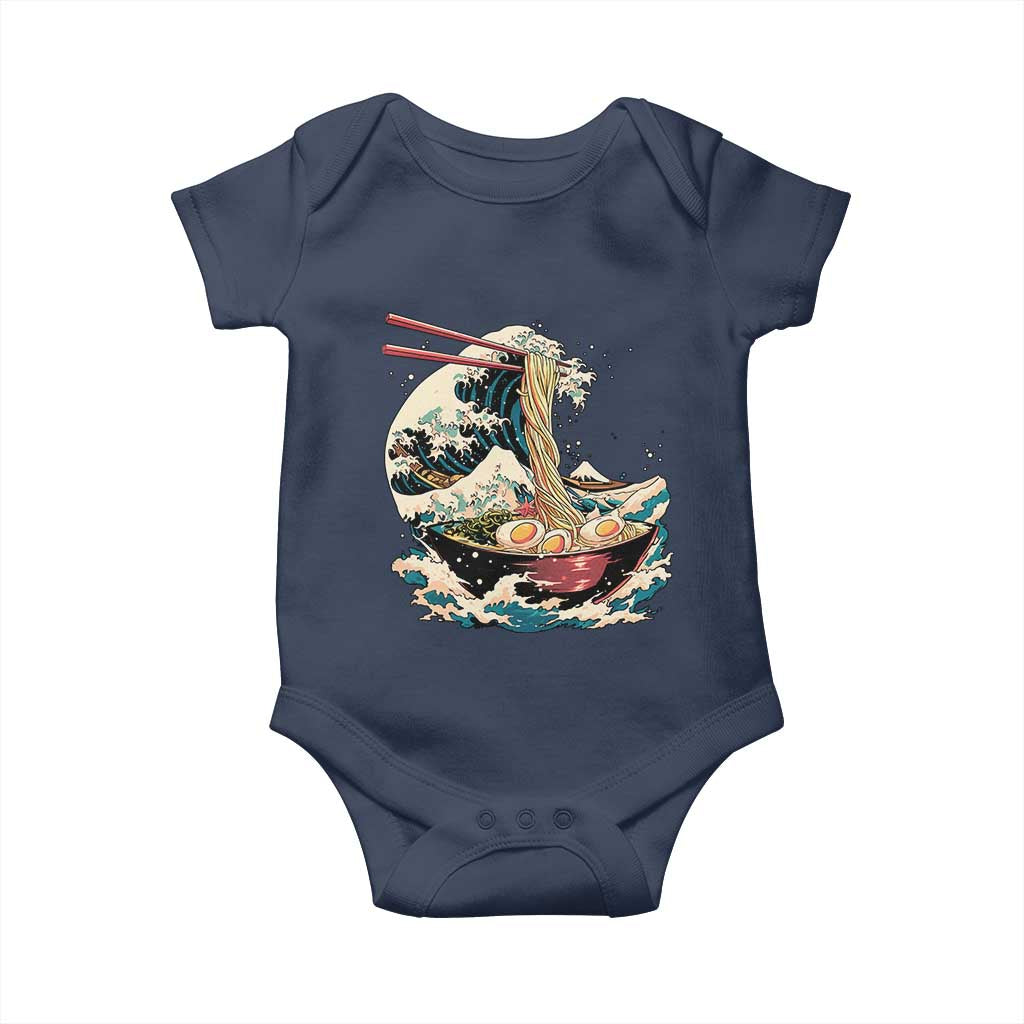 Japanese Kanagawa Wave Ramen Bowl Graphic Baby Onesie Retro Anime Noodles Art TS02 Navy Print Your Wear