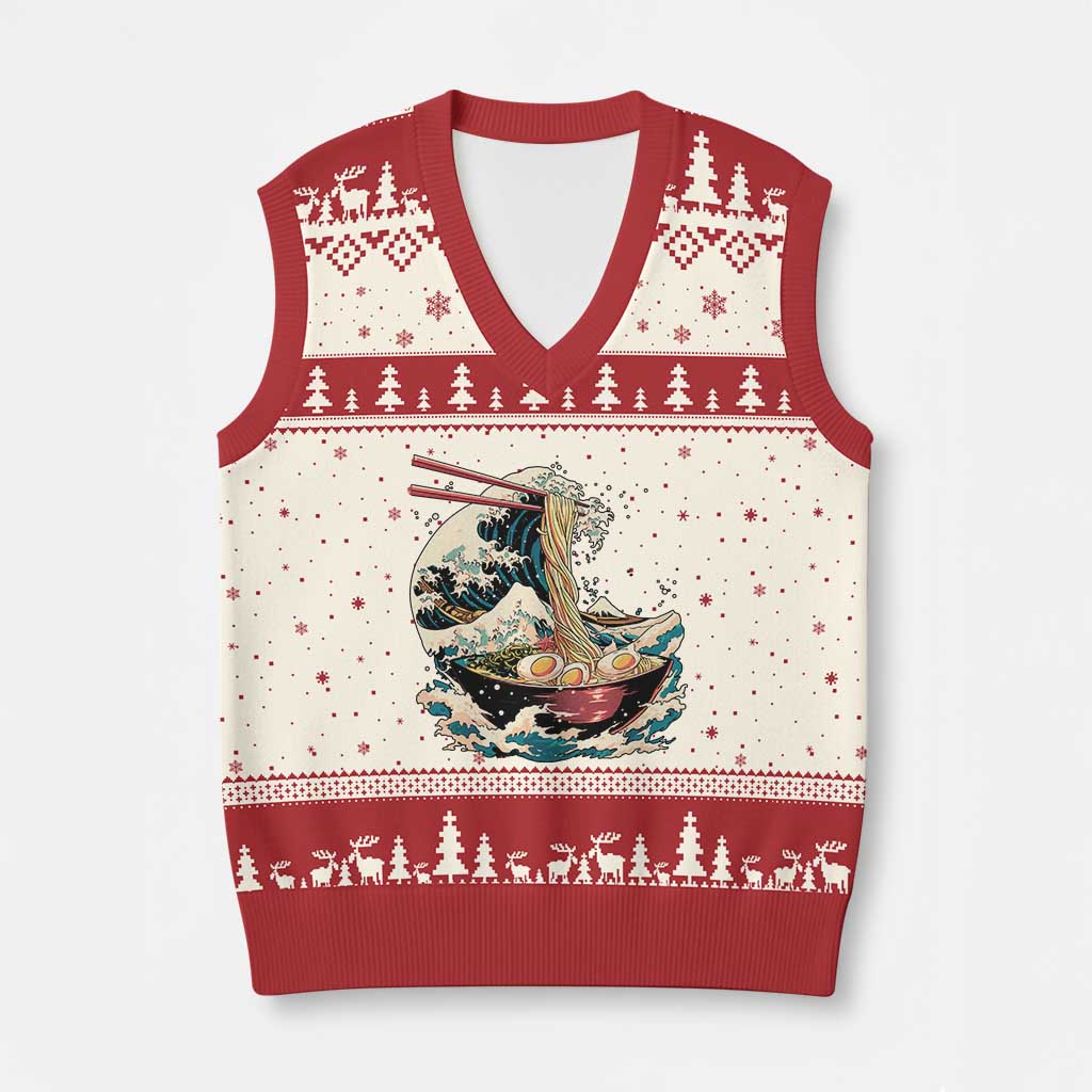 Japanese Kanagawa Wave Ramen Bowl Graphic V-Neck Knit Sweater Vest Retro Anime Noodles Art TS02 Beige Red Print Your Wear