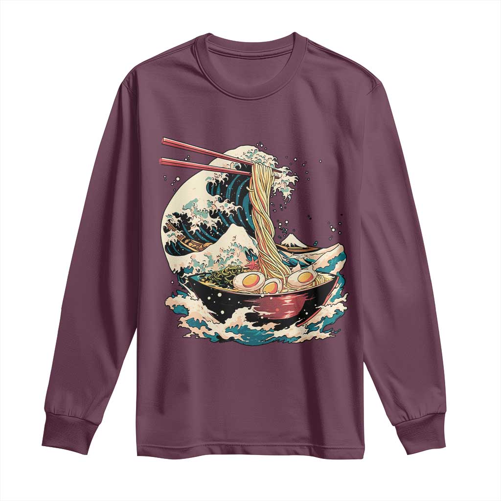 Japanese Kanagawa Wave Ramen Bowl Graphic Long Sleeve Shirt Retro Anime Noodles Art TS02 Maroon Print Your Wear