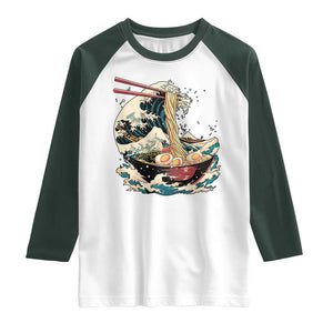 Japanese Kanagawa Wave Ramen Bowl Graphic Raglan Shirt Retro Anime Noodles Art TS02 White Dark Forest Green Print Your Wear