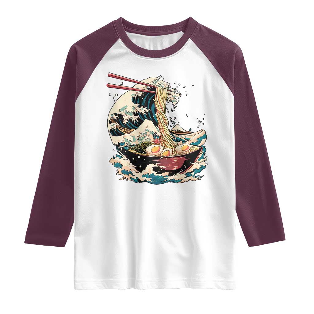 Japanese Kanagawa Wave Ramen Bowl Graphic Raglan Shirt Retro Anime Noodles Art TS02 White Maroon Print Your Wear
