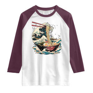 Japanese Kanagawa Wave Ramen Bowl Graphic Raglan Shirt Retro Anime Noodles Art TS02 White Maroon Print Your Wear