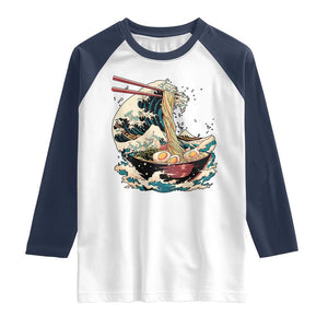 Japanese Kanagawa Wave Ramen Bowl Graphic Raglan Shirt Retro Anime Noodles Art TS02 White Navy Print Your Wear