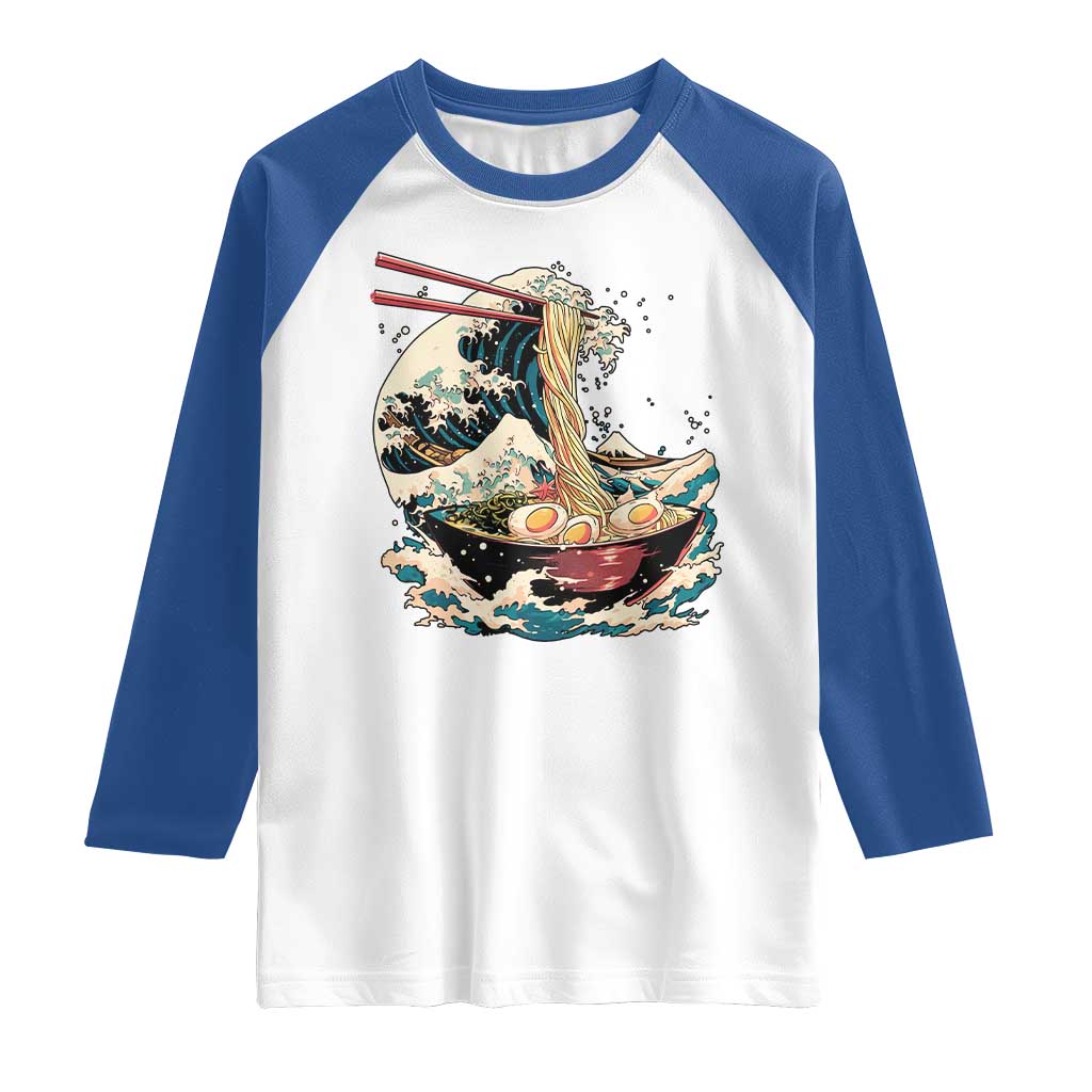 Japanese Kanagawa Wave Ramen Bowl Graphic Raglan Shirt Retro Anime Noodles Art TS02 White Royal Print Your Wear