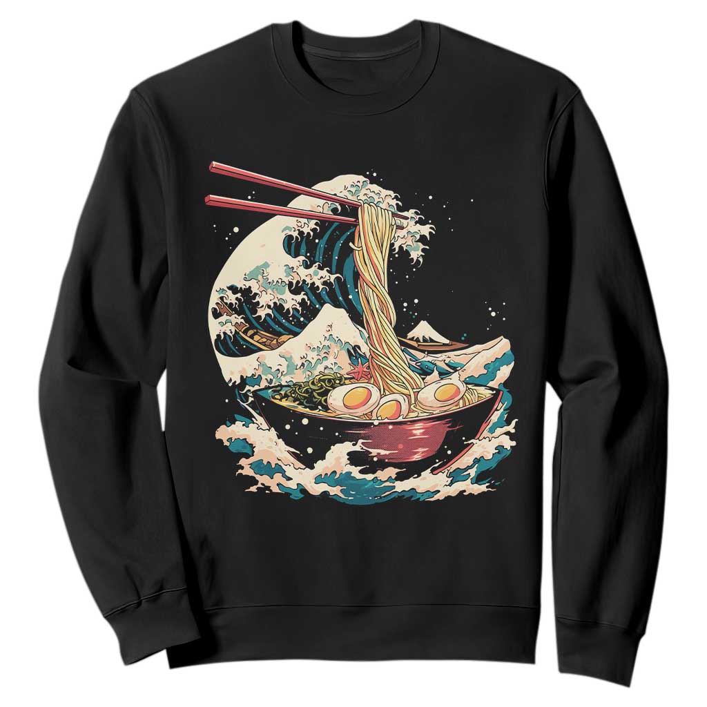 Japanese Kanagawa Wave Ramen Bowl Graphic Sweatshirt Retro Anime Noodles Art TS02 Black Print Your Wear