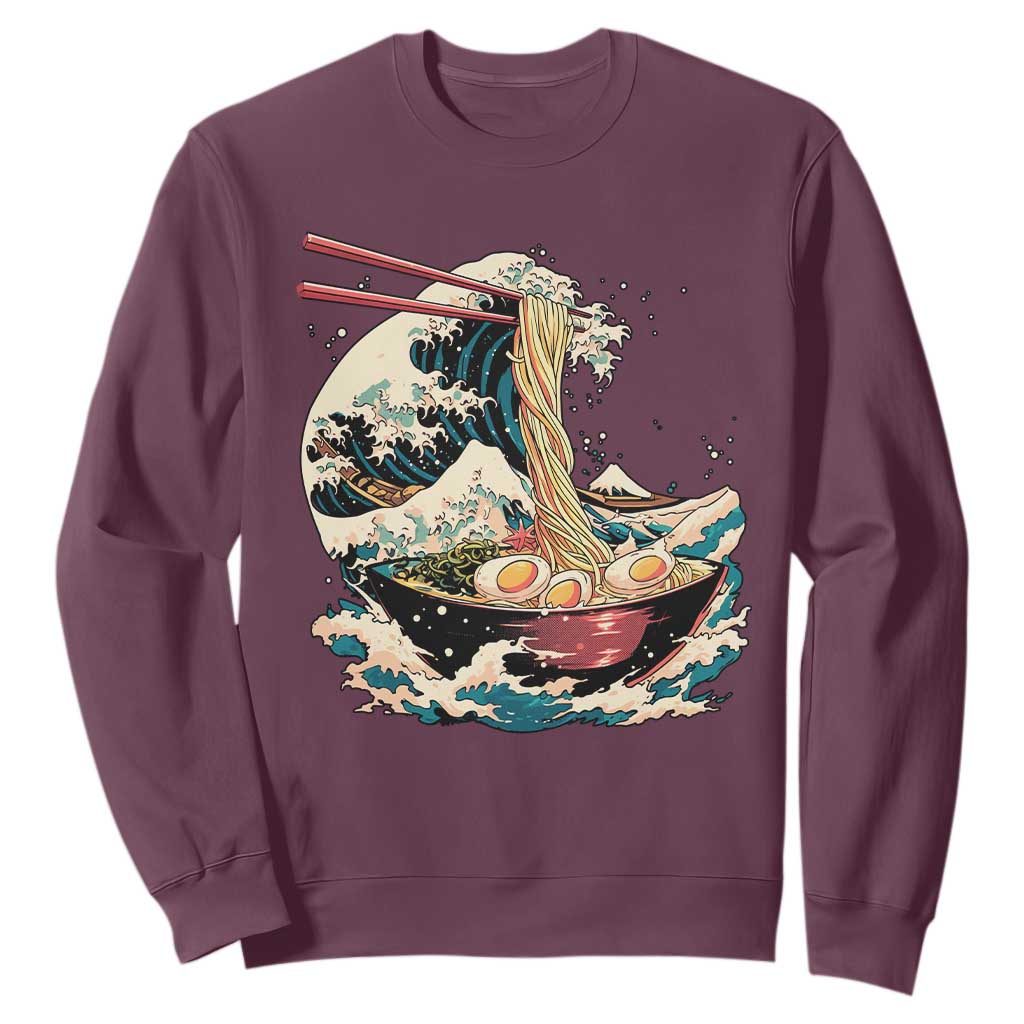 Japanese Kanagawa Wave Ramen Bowl Graphic Sweatshirt Retro Anime Noodles Art TS02 Maroon Print Your Wear