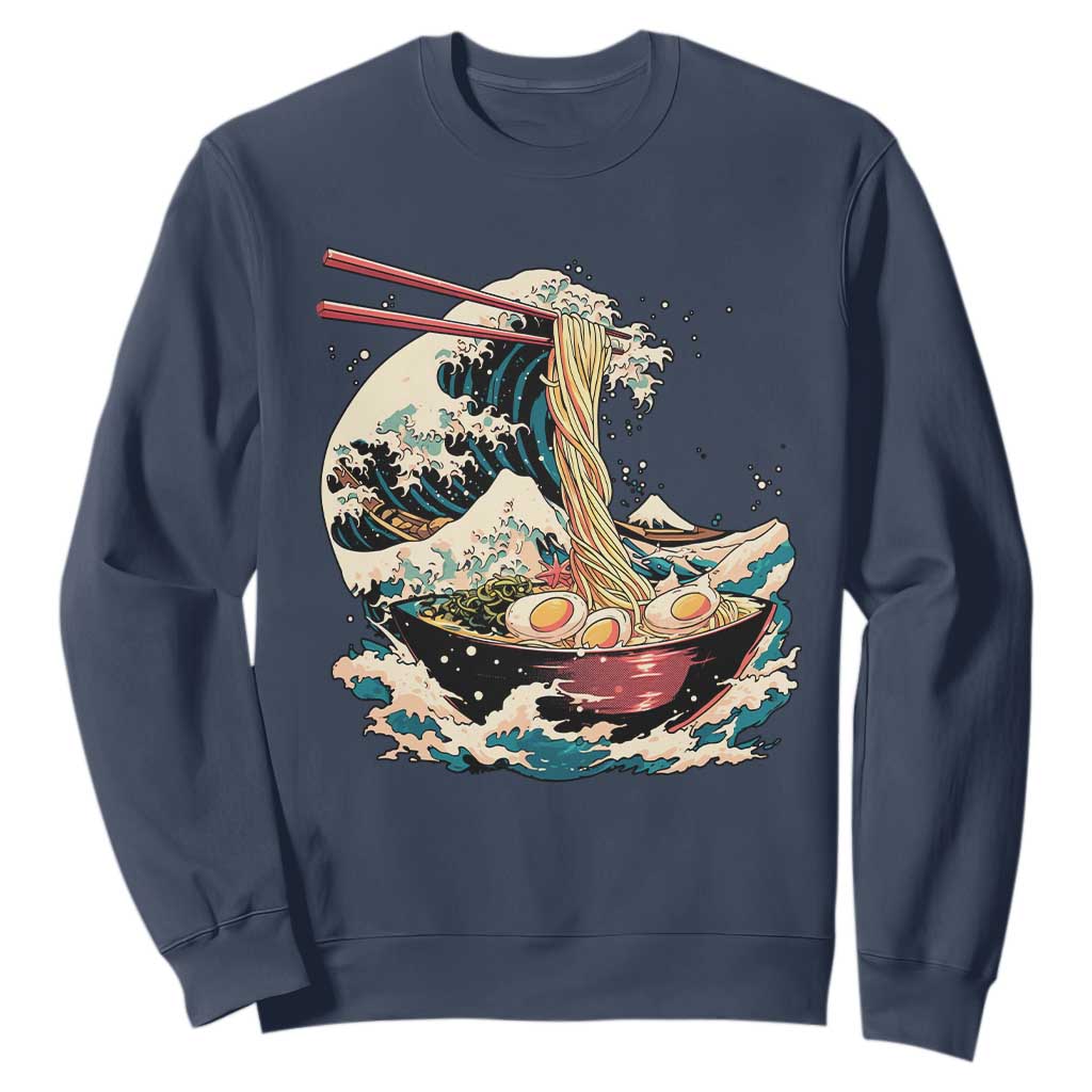 Japanese Kanagawa Wave Ramen Bowl Graphic Sweatshirt Retro Anime Noodles Art TS02 Navy Print Your Wear