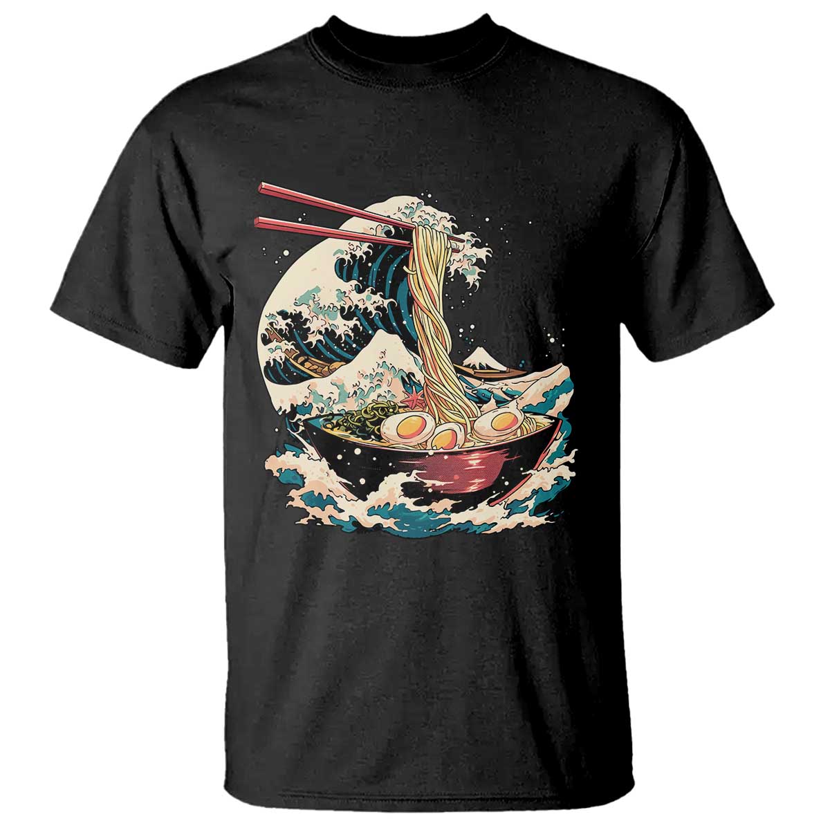 Japanese Kanagawa Wave Ramen Bowl Graphic T Shirt Retro Anime Noodles Art TS02 Black Print Your Wear
